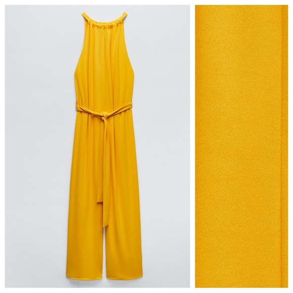 NWT. Zara Mustard/Golden Yellow Wide Leg Flowy Jumpsuit with Belt. Size S. - Picture 5 of 10